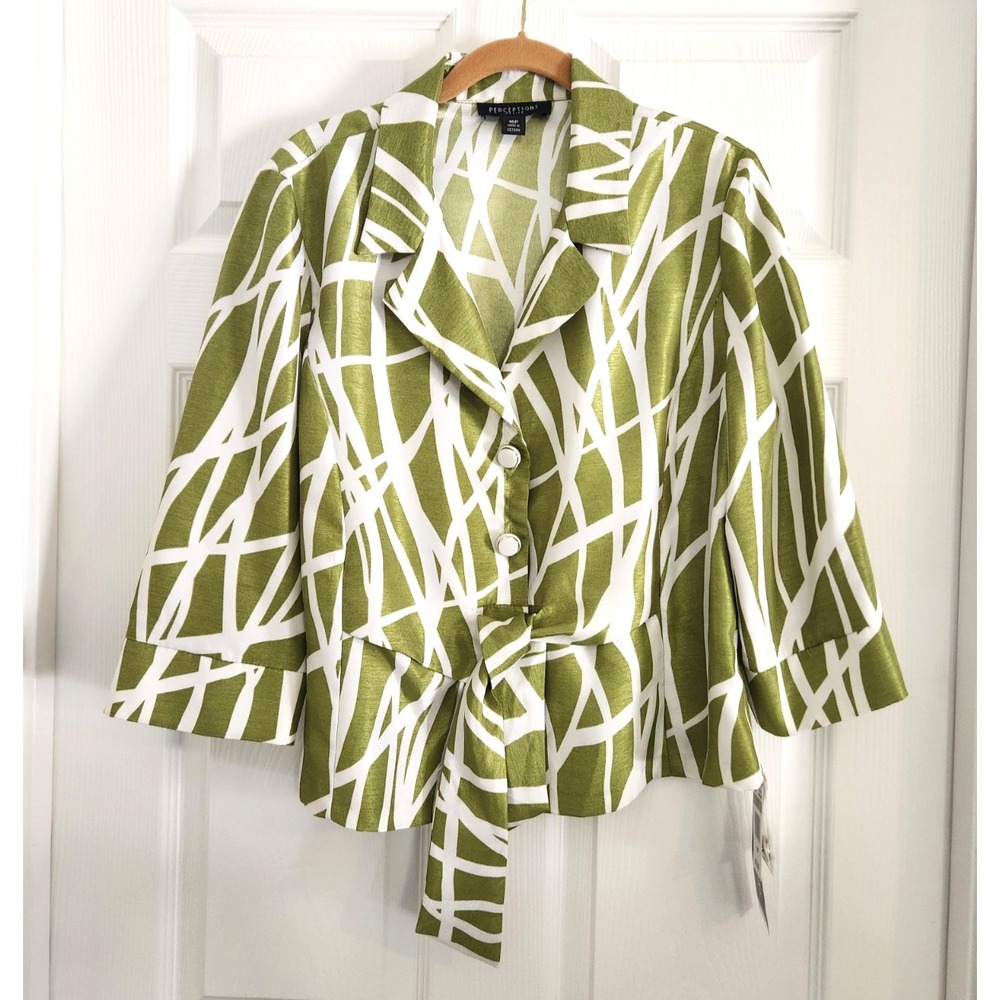 Perceptions New York Women's Petite Sz 16 Lime Green White Top 3/4 Sleeves New